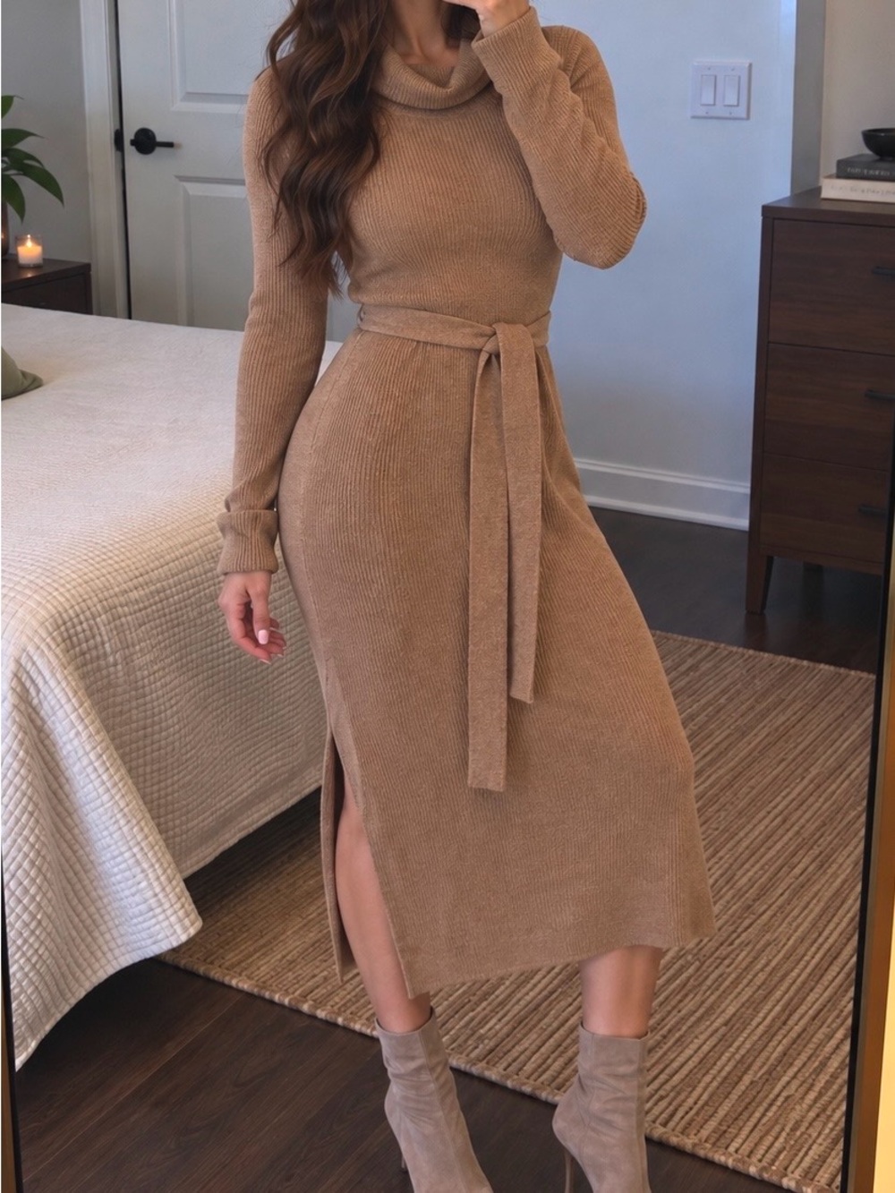 GAP Camel Ribbed Cowl-Neck Belted Midi Dress